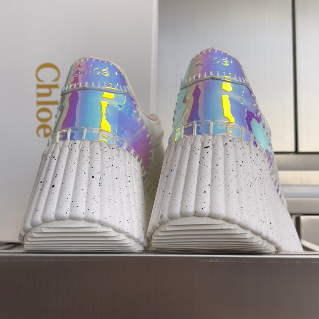 CHLOÉ 26S WEDGE SNEAKERS 70 MM IN WHITE CALFSKIN AND HOLOGRAM