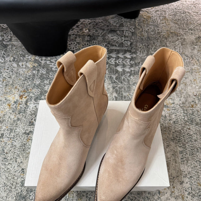 CELINE 26S ANKLE BOOTS 55 MM IN BEIGE SUEDE