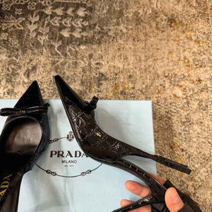 PRADA 25S SLINGBACK HIGH HEELS 75 MM IN BLACK EMBOSSED COWHIDE