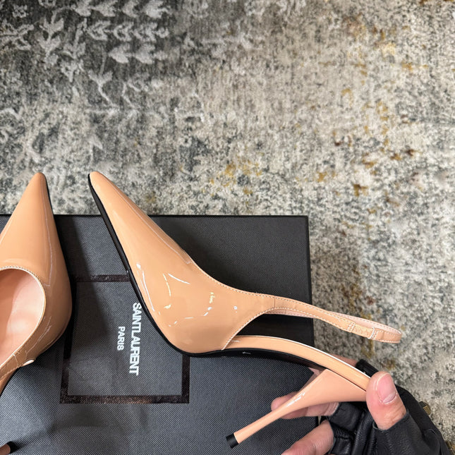 YSL 26S HEELED SLINGBACKS 100 MM IN WARM NUDE GLOSSY CALFSKIN