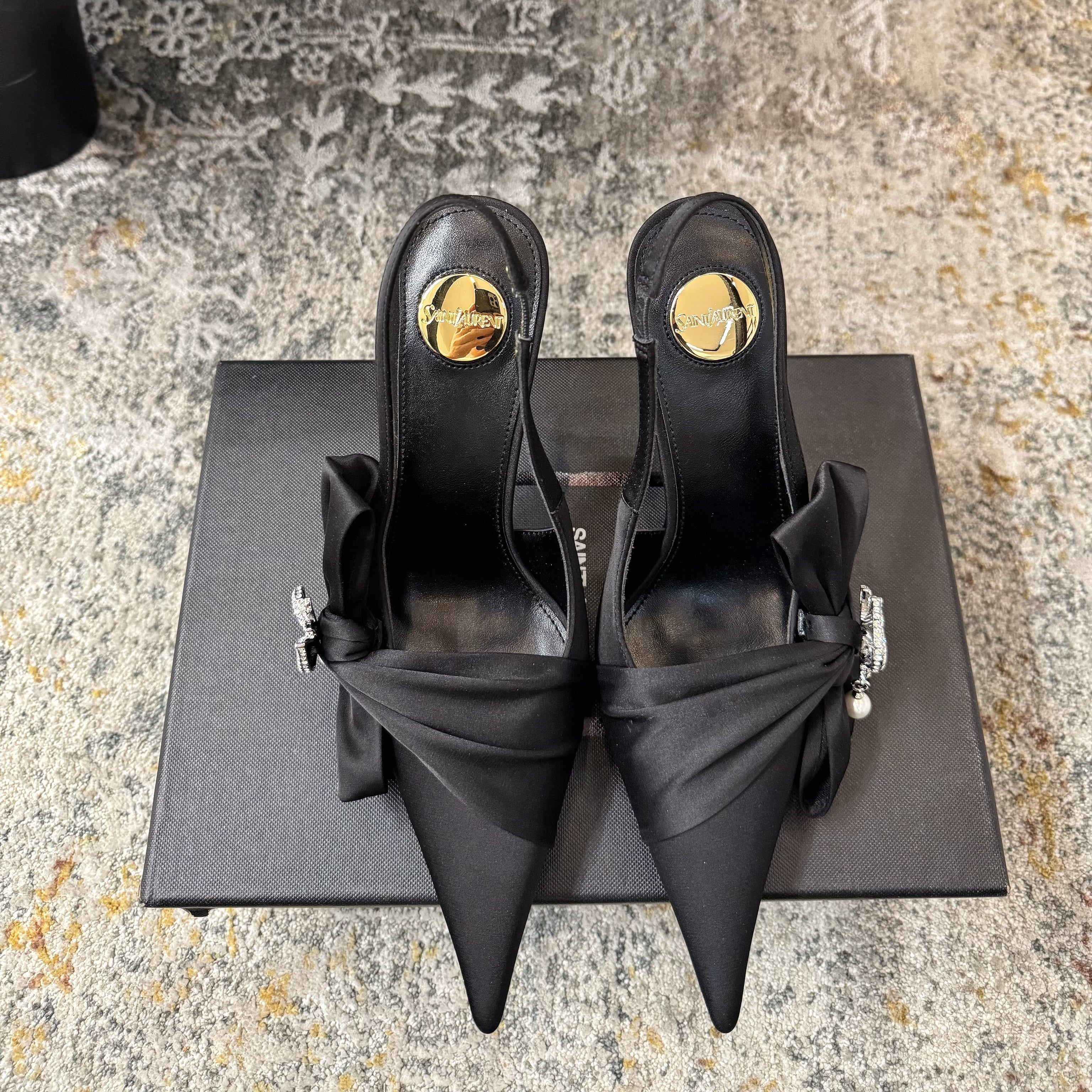 YSL 26S HEELED SLINGBACKS 100 MM IN BLACK SILK