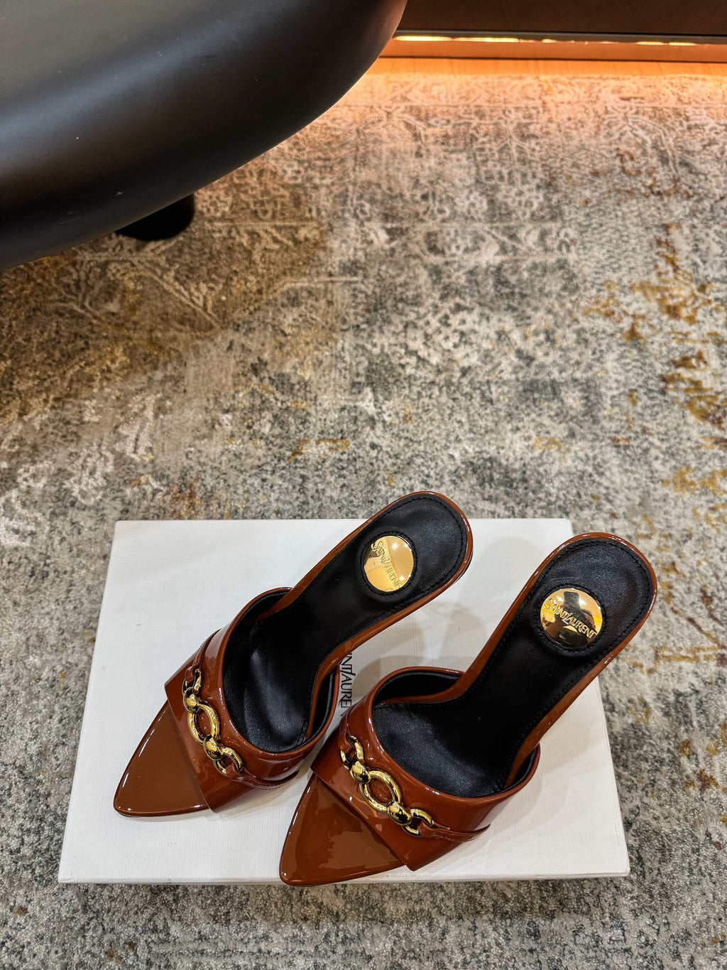 YSL 26S POINTED TOE HIGH HEEL SANDALS 100 MM IN BROWN GLOSSY CALFSKIN