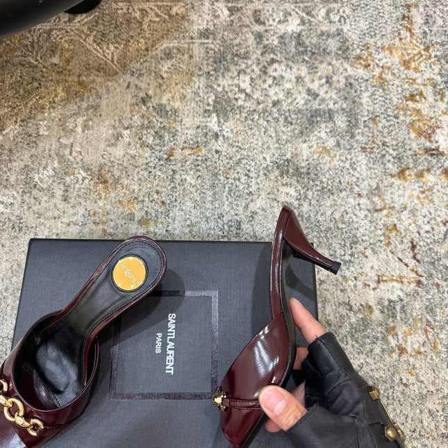 YSL 26S POINTED TOE HIGH HEEL SANDALS 65 MM DARK RED SHINY CALFSKIN