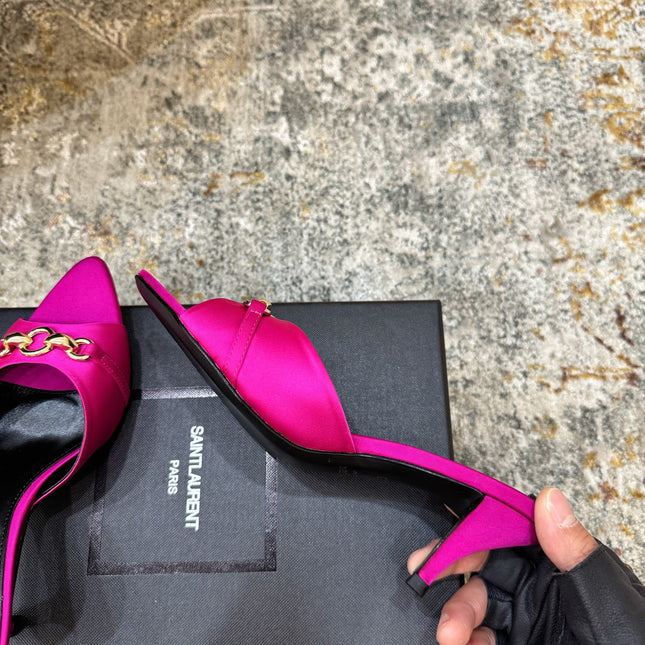 YSL 26S POINTED TOE HIGH HEEL SANDALS 65 MM IN DARK PINK FABRIC