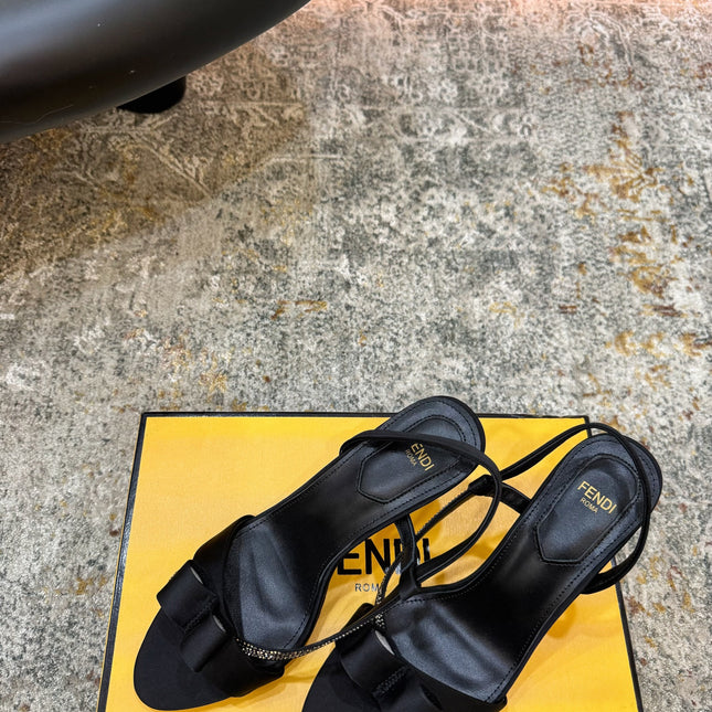 FENDI 26S HIGH-HEELED SANDALS 75 MM IN BLACK SATIN