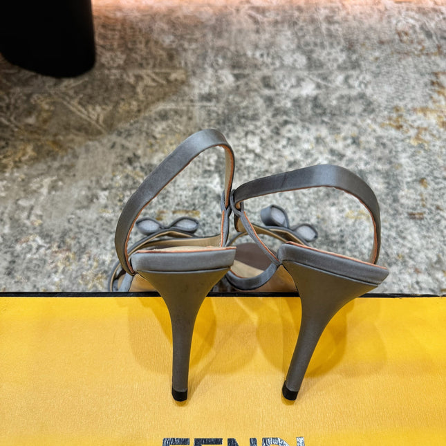 FENDI 26S HIGH-HEELED SANDALS 75 MM IN GREY SATIN