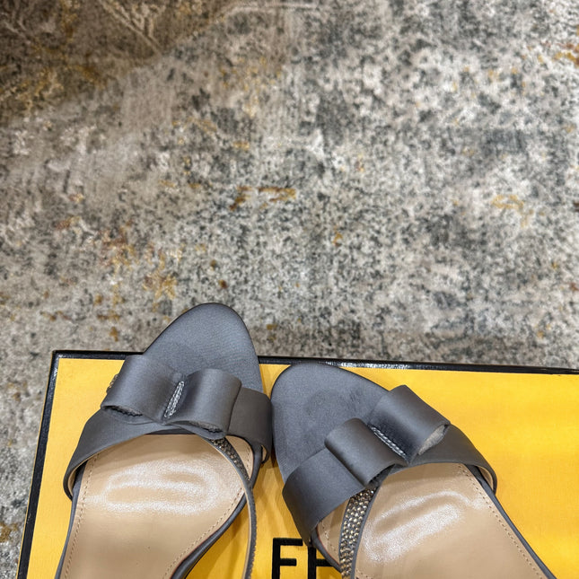 FENDI 26S HIGH-HEELED SANDALS 75 MM IN GREY SATIN