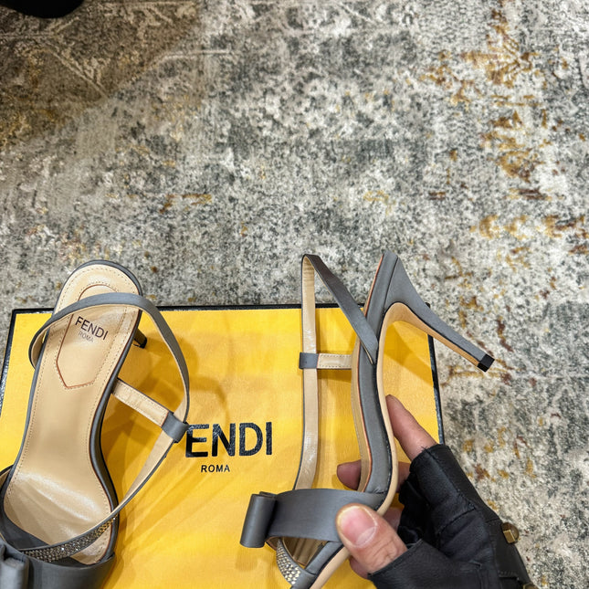 FENDI 26S HIGH-HEELED SANDALS 75 MM IN GREY SATIN