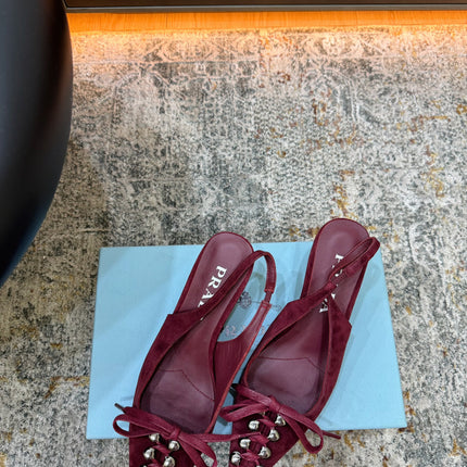 PRADA 26S POINTED TOE LACE UP SLINGBACK PUMPS 55MM IN BURGUNDY RED SUEDE