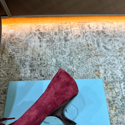 PRADA 26S POINTED TOE LACE UP STUDDED PUMPS 55MM IN BURGUNDY RED SUEDE