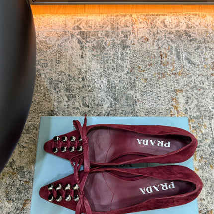 PRADA 26S POINTED TOE LACE UP STUDDED PUMPS 55MM IN BURGUNDY RED SUEDE