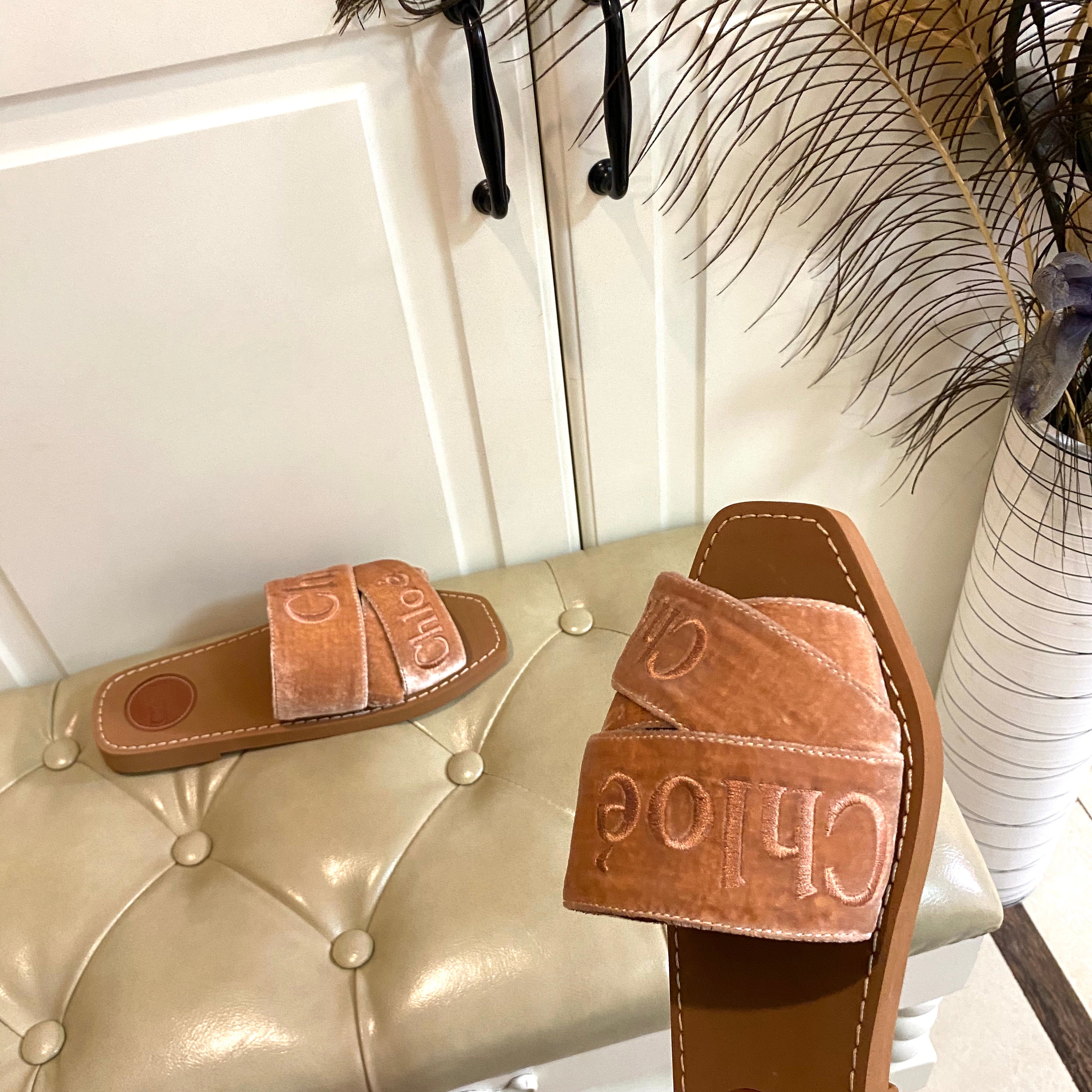 WOODY SLIDES IN DARK BEIGE IN VELVET WITH EMBROIDERED LOGO STRAPS