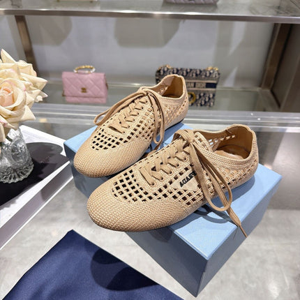PRADA 26S LACE UP OPENWORK KNIT SNEAKERS IN BEIGE KNIT FABRIC