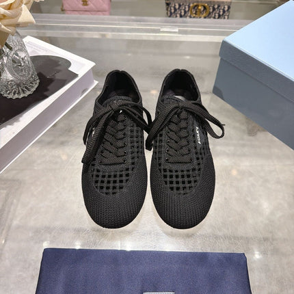 PRADA 26S LACE UP OPENWORK KNIT SNEAKERS IN BLACK KNIT FABRIC