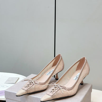 JIMMY CHOO 26S LACE-UP HEELS IN LIGHT NUDE PINK LACE AND LAMBSKIN