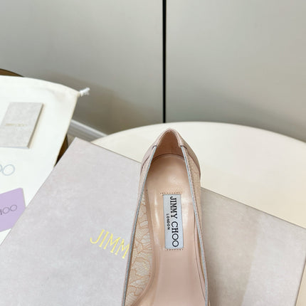 JIMMY CHOO 26S LACE-UP HEELS IN LIGHT NUDE PINK LACE AND LAMBSKIN
