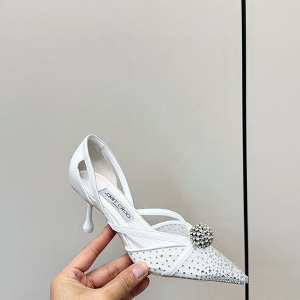 JIMMY CHOO 26S POINTED-TOE HIGH HEELS IN WHITE CRYSTAL EMBELLISHMENT