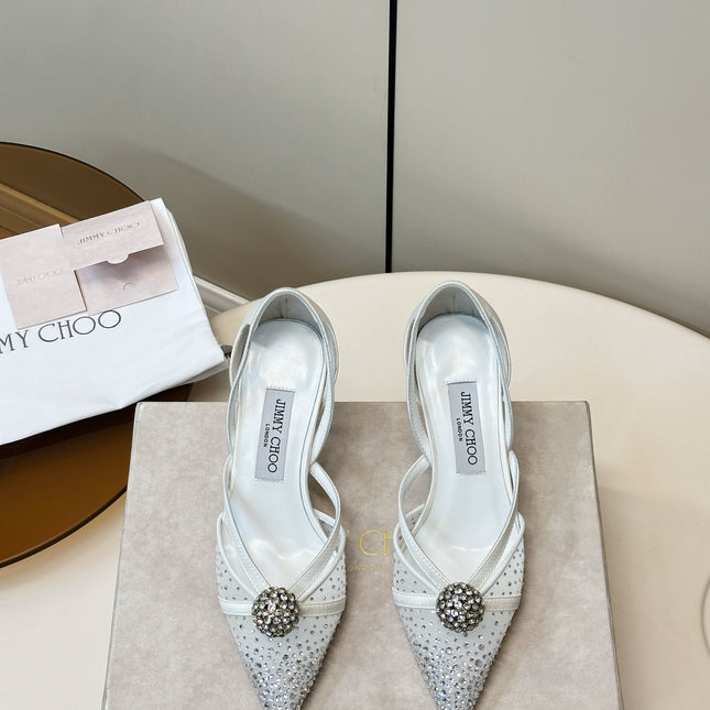 JIMMY CHOO 26S POINTED-TOE HIGH HEELS IN WHITE CRYSTAL EMBELLISHMENT
