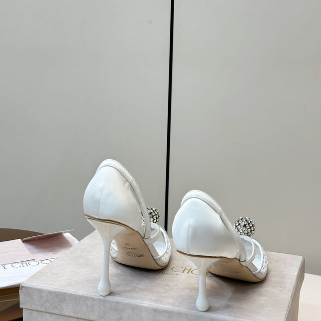 JIMMY CHOO 26S POINTED-TOE HIGH HEELS IN WHITE CRYSTAL EMBELLISHMENT