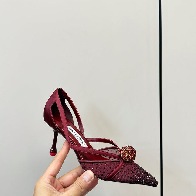 JIMMY CHOO 26S POINTED-TOE HIGH HEELS IN DARK RED CRYSTAL EMBELLISHMENT