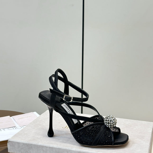 JIMMY CHOO 26S HEELED SANDALS 100 MM IN BLACK CRYSTAL EMBELLISHMENT