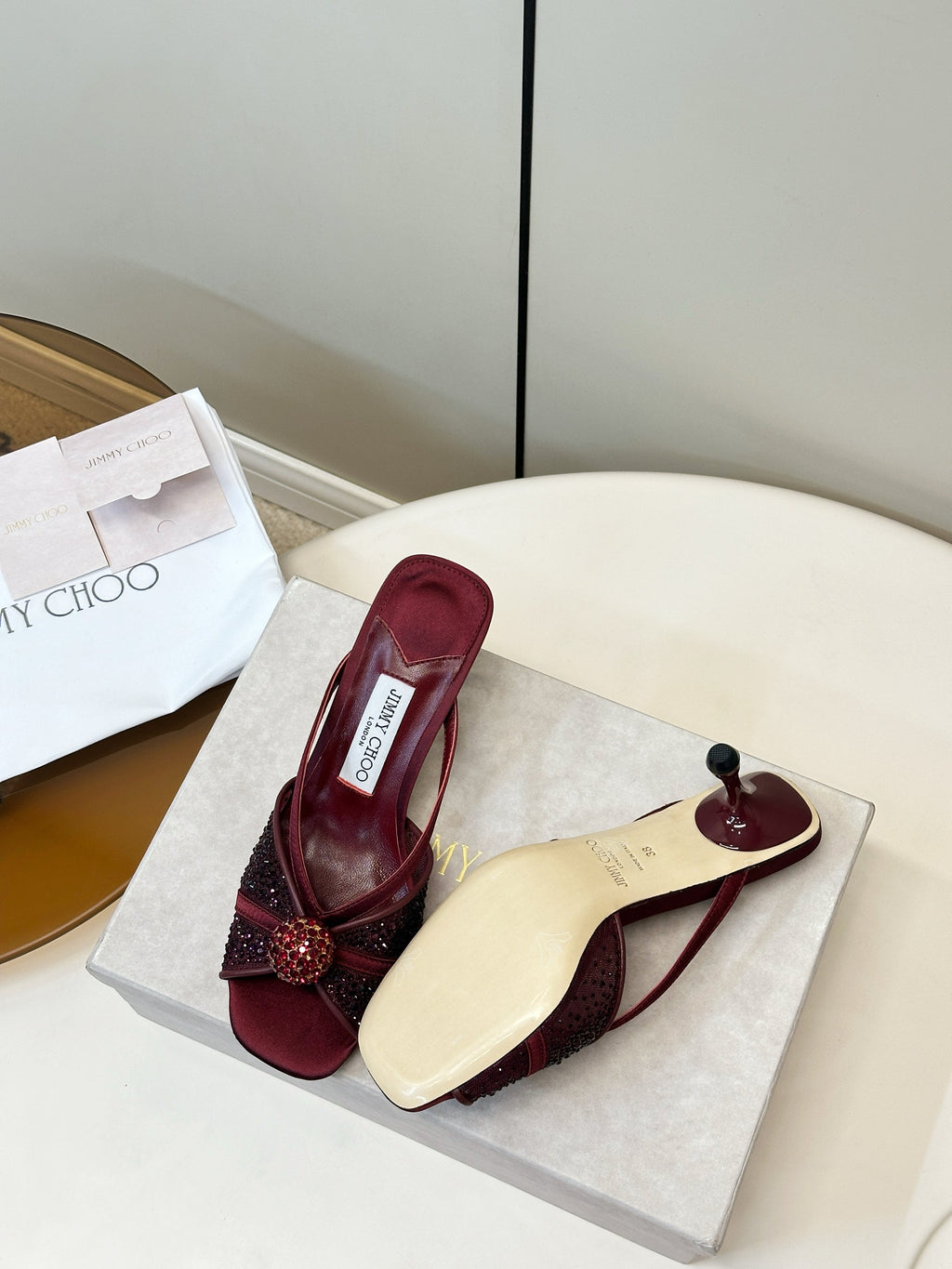 JIMMY CHOO 26S SACORA MULE 80 MM IN DARK RED CRYSTAL EMBELLISHMENT