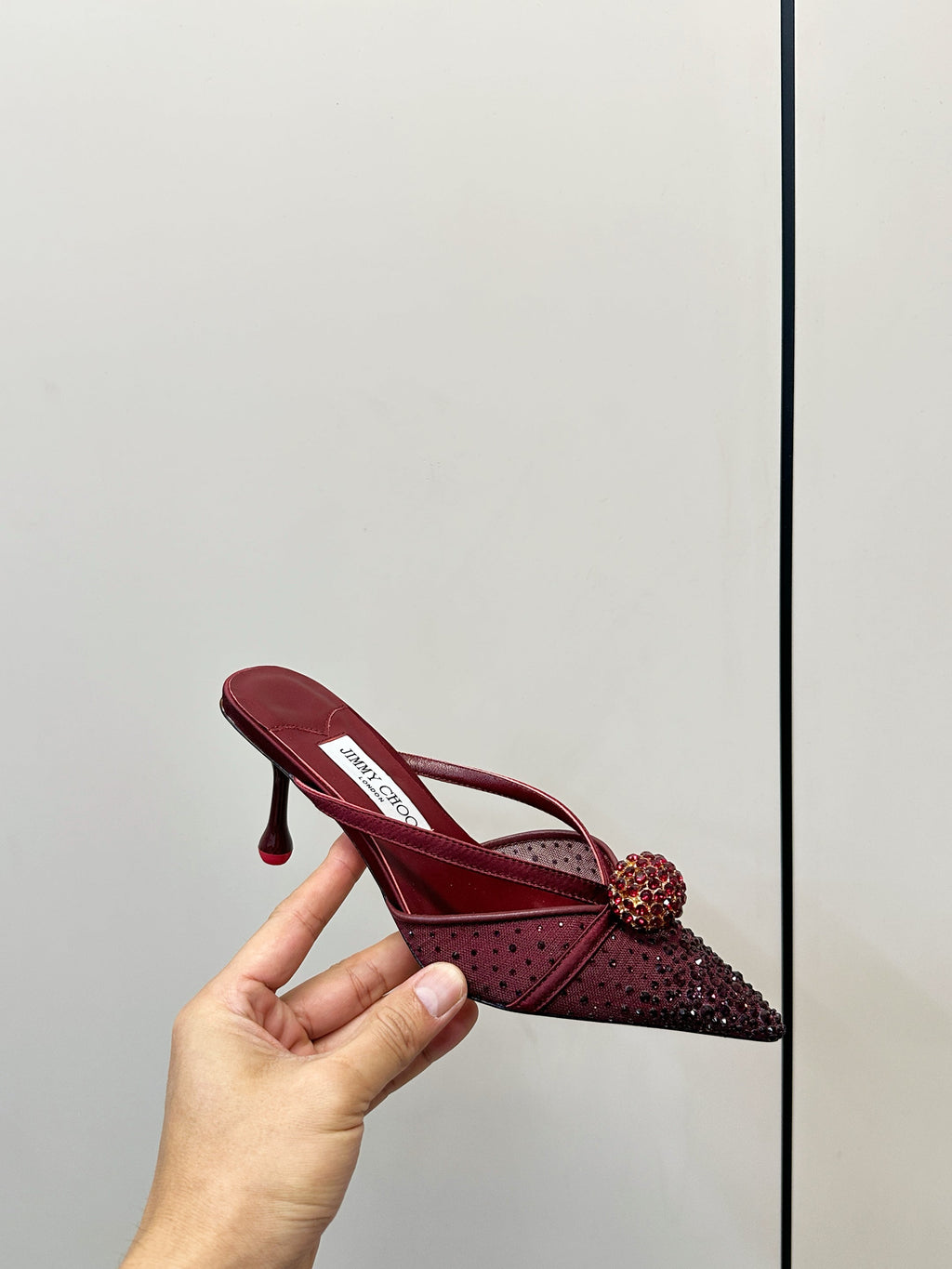 JIMMY CHOO 26S HEELED MULES 80 MM IN DARK RED CRYSTAL EMBELLISHMENT