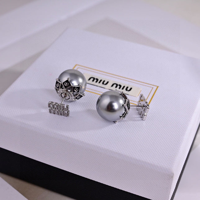 MIUMIU 26S CRYSTAL LOGO PEARL BACK STUD EARRINGS IN SILVER TONE METAL 612742