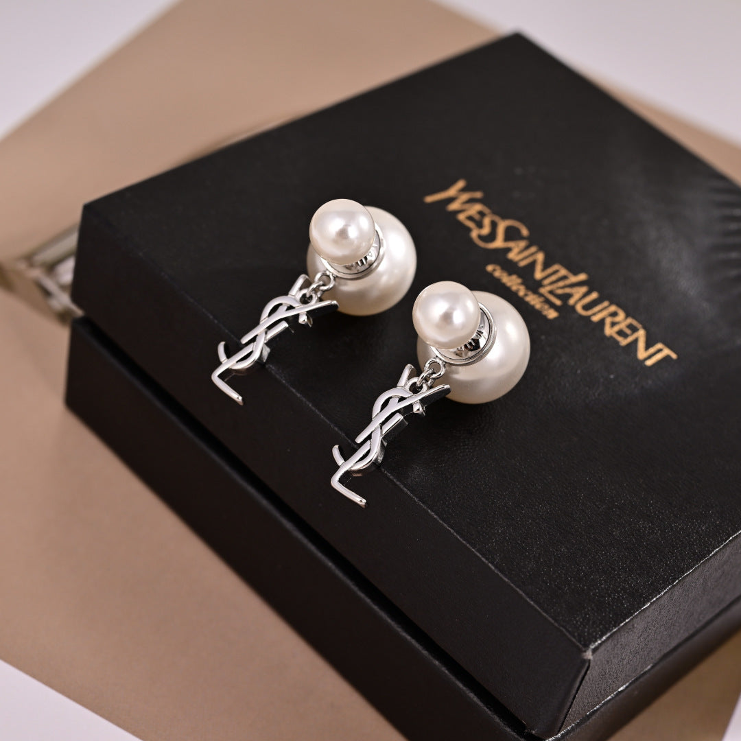 YSL 26S PEARL DOUBLE BALL DROP MONOGRAM EARRINGS IN SILVER TONE METAL 615838