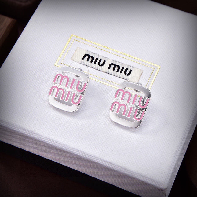 MIUMIU 26S DOUBLE LOGO PINK ENAMEL STUD EARRINGS IN SILVER TONE METAL 619138