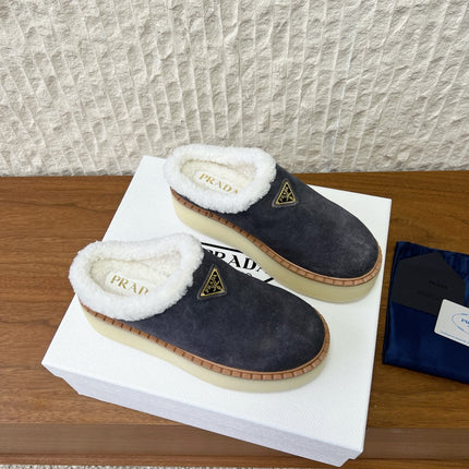 PRADA 25S PLATFORM FUR-LINED MULES IN DARK GREY SUEDE