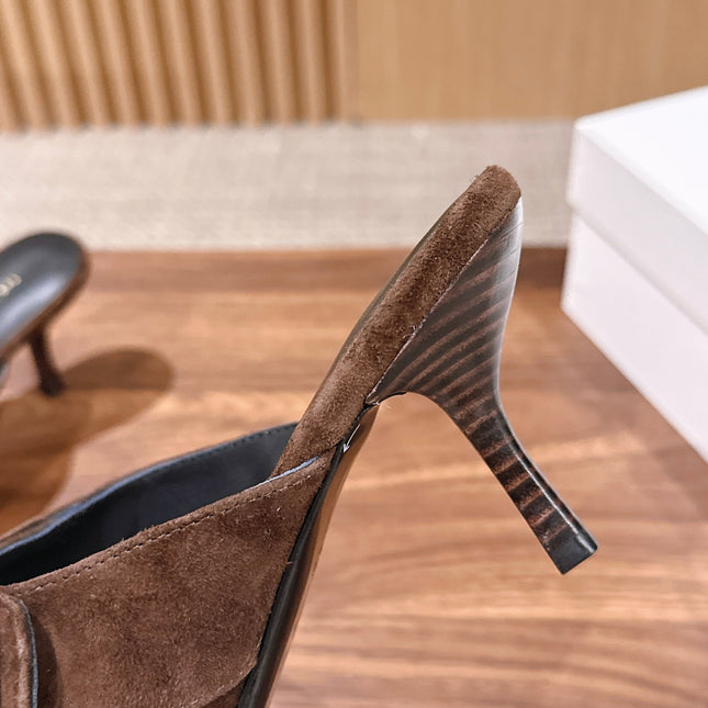 THE ROW 26S BUTTON DETAIL MULE SANDALS IN BROWN SUEDE