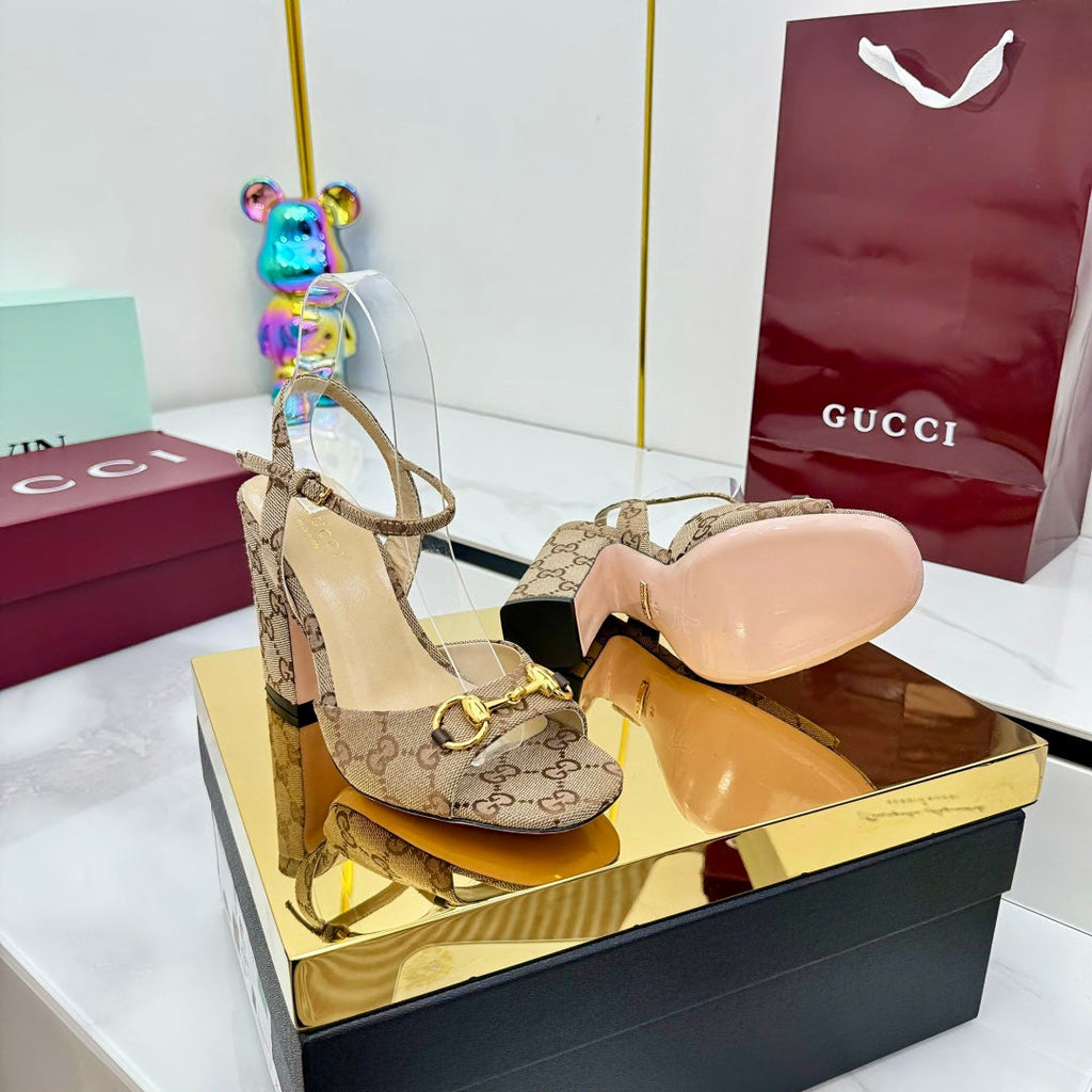GG HEELED SANDALS 25S 95 MM IN DARK BEIGE CANVAS WITH GOLD HARDWARE