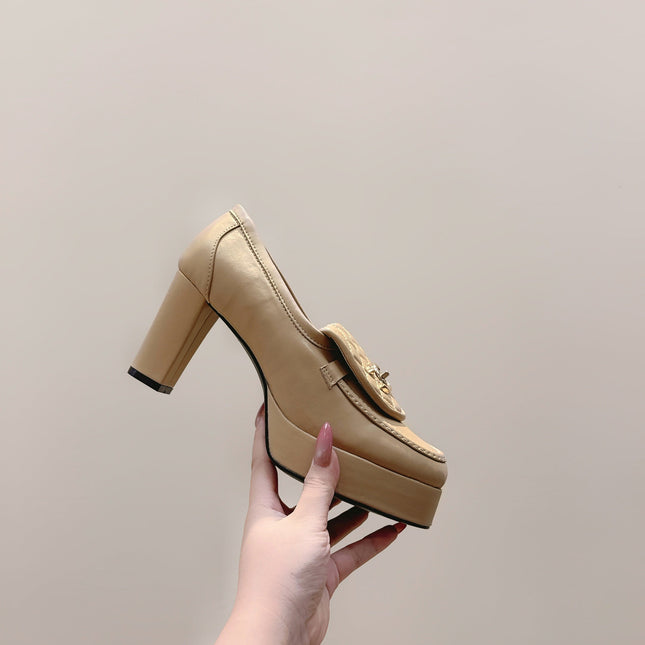 CHANEL 25S HIGH-HEELED MOCCASINS 80MM IN LIGHT TAN CALFSKIN GOLD HARDWARE