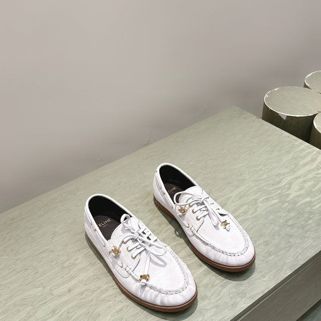 CELINE 26S LACE-UP LOAFERS IN OFF-WHITE BEIGE SUEDE