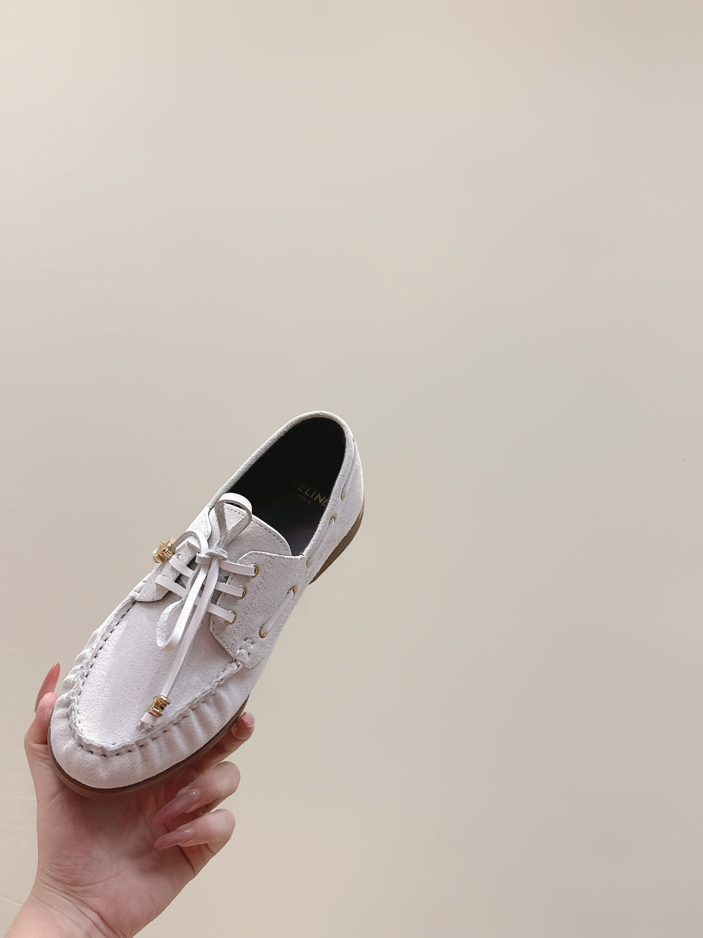 CELINE 26S LACE-UP LOAFERS IN OFF-WHITE BEIGE SUEDE