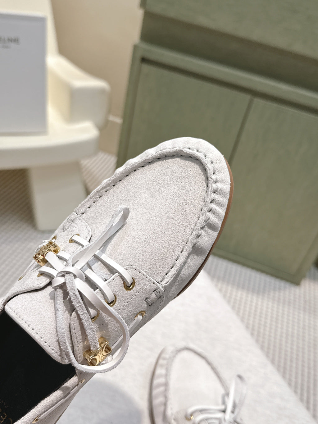 CELINE 26S LACE-UP LOAFERS IN OFF-WHITE BEIGE SUEDE
