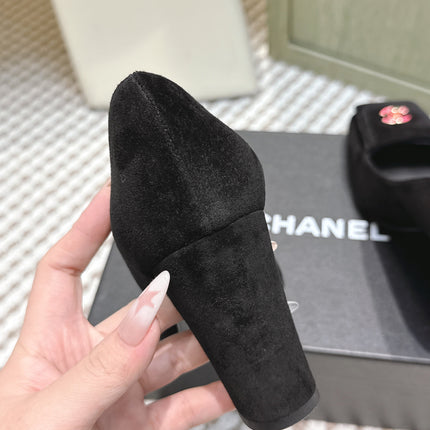 CHANEL 25S SLINGBACK SHOES 90MM IN BLACK SUEDE SQUARE TOE PINK HARDWARE