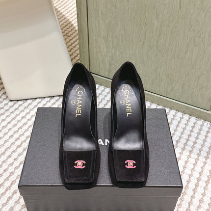 CHANEL 25S SLINGBACK SHOES 90MM IN BLACK SUEDE SQUARE TOE PINK HARDWARE