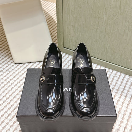 CHANEL 25S GODDESS MOCCASIN LOAFERS 65MM IN BLACK GLOSSY CALFSKIN GOLD HARDWARE