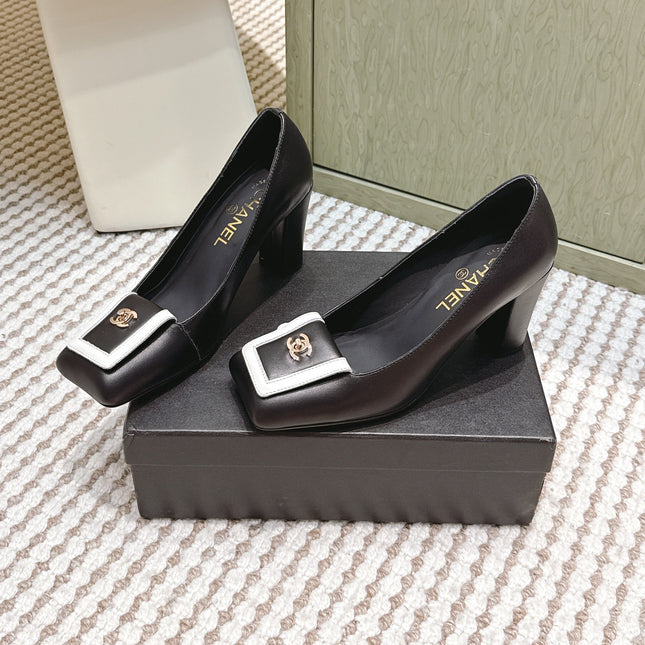 CHANEL 25S SLINGBACK SHOES 90MM IN BLACK CALFSKIN SQUARE TOE GOLD HARDWARE