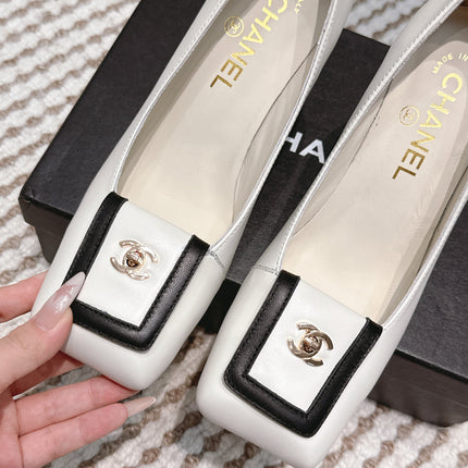 CHANEL 25S SLINGBACK SHOES 90MM IN WHITE CALFSKIN SQUARE TOE GOLD HARDWARE