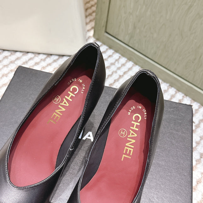 CHANEL 25S SQUARE-TOE HIGH HEELS 90MM IN BLACK CALFSKIN