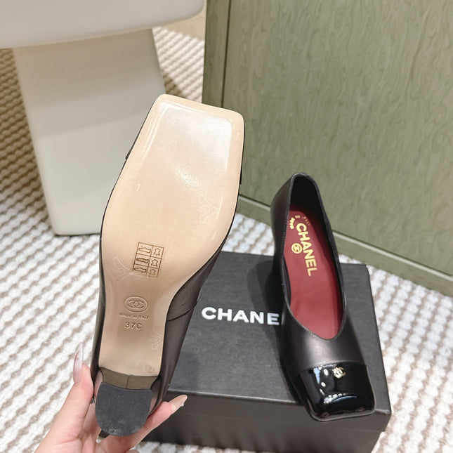 CHANEL 25S SQUARE-TOE HIGH HEELS 90MM IN BLACK CALFSKIN