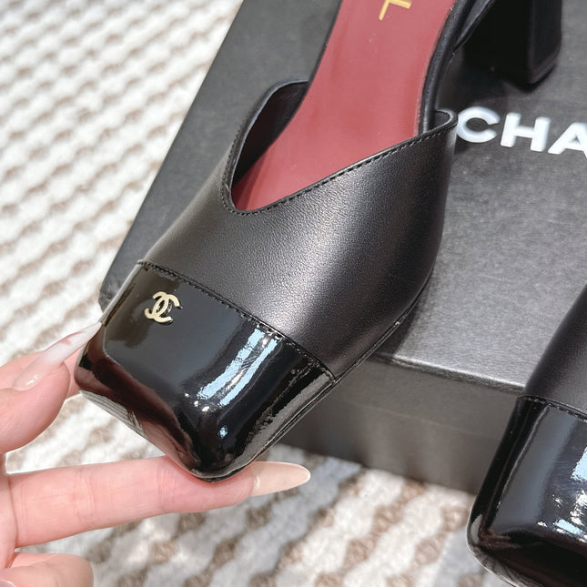 CHANEL 25S HIGH-HEELED SQUARE-TOE SLINGBACK 90MM IN BLACK CALFSKIN