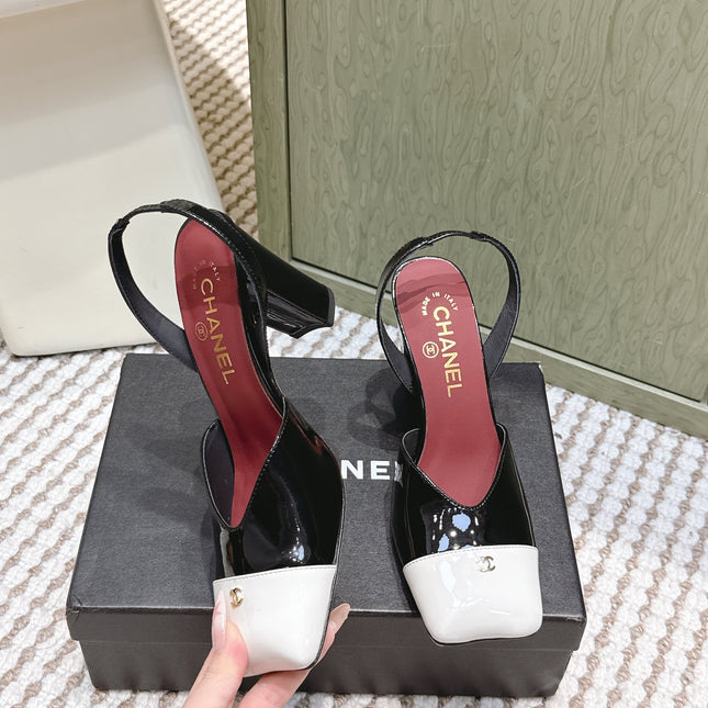 CHANEL 25S HIGH-HEELED SQUARE-TOE SLINGBACK 90MM IN BLACK AND WHITE CALFSKIN