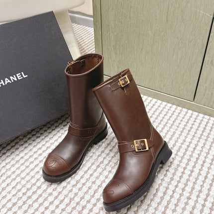 CHANEL 25S CALF-HIGH CHELSEA BOOTS IN BROWN CALFSKIN GOLD HARDWARE