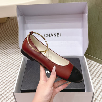 CHANEL 25S BALLERINA SHOES IN MAROON RED AND BLACK CALFSKIN GOLD HARDWARE