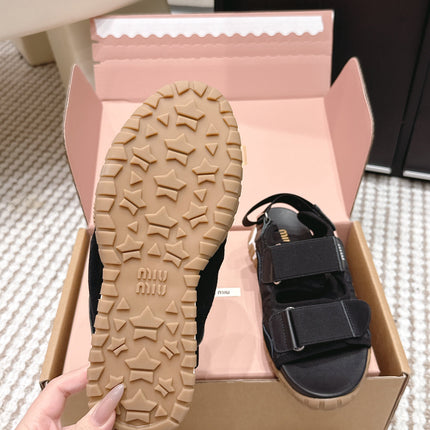 MIUMIU 26S VELCRO SANDALS IN BLACK CALFSKIN AND NYLON SILVER HARDWARE