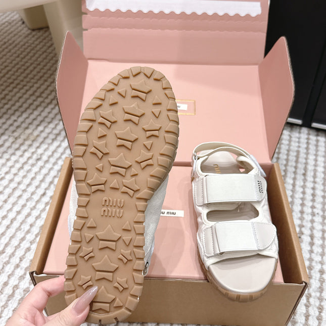 MIUMIU 26S VELCRO SANDALS IN CREAM WHITE CALFSKIN AND NYLON SILVER HARDWARE